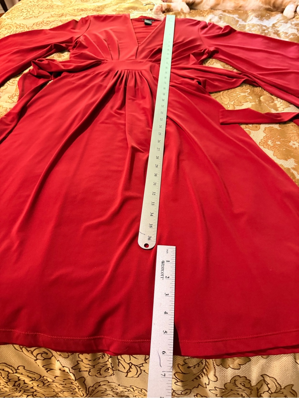 Mixit Red V-Neck Midi Flared Soft Knit Dress with Wrap Tie Belt, Sz 6 - Picture 13 of 14